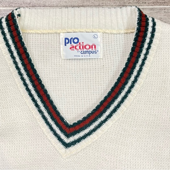 Vintage Pro Action Knit V Neck Sweater By Campus 70s Cream Green Red - Picture 3 of 5